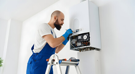 Professional plumber fixing a modern heating boiler system in a home, ensuring efficient and safe operation.