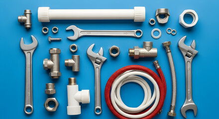 Obraz premium Professional Plumbing Tools and Hardware for a Plumber Fixing Task, Flat Lay on Blue Background