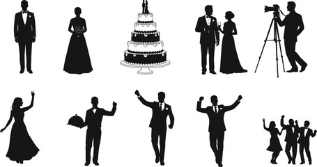 Wedding silhouette collection, bride and groom, wedding cake, dancing couple, celebration party, photography, tuxedo, elegant event, festive ceremony, vector illustration