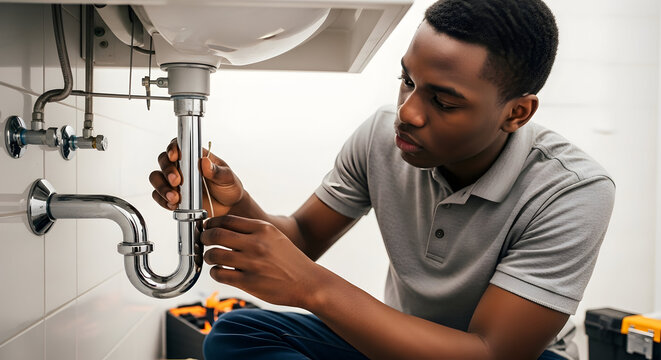 Focused African American Plumber Fixing Bathroom Sink Pipes - Powered by Adobe