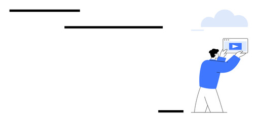 Man holding a tablet featuring a play button walking near minimalist staircase and cloud. Ideal for video tutorials, online learning, cloud storage, technology, progress, multimedia, simple landing