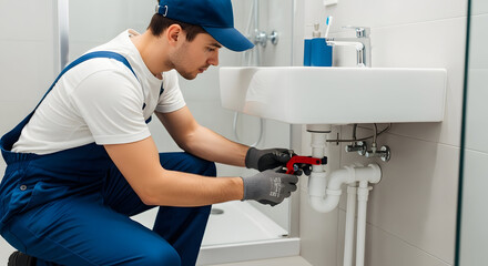 Skilled Plumber Fixing Sink Pipes in a Modern Bathroom