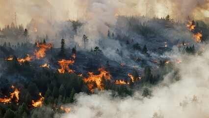 A fierce fire breaks out in the forest, with flames and thick smoke raging, and trees burning in the fire, showing the fierceness and destructiveness of the forest fire.
