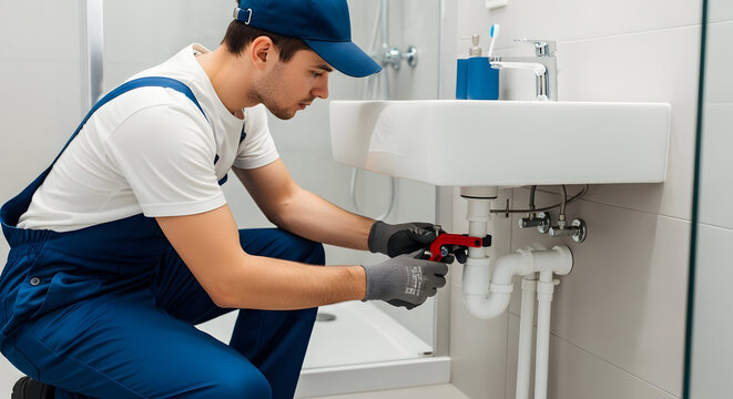 Skilled Plumber Fixing Sink Pipes in a Modern Bathroom - Powered by Adobe