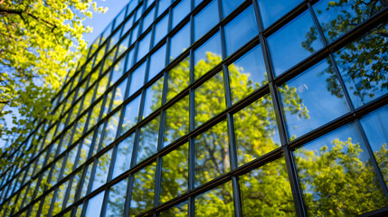 Grid Design of Green Glass Windows on Skyscraper Architecture
