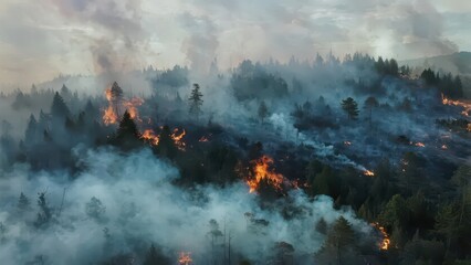 A fierce fire breaks out in the forest, with flames and thick smoke raging, and trees burning in the fire, showing the fierceness and destructiveness of the forest fire.