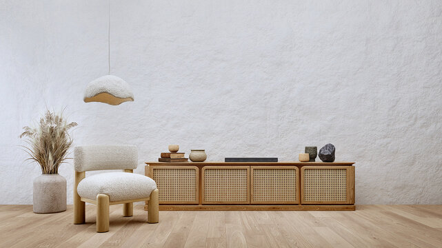 Wabisabi living interior with chair ,TV cabinet, lamp ,wooden floor and white empty stucco wall. 3d rendering