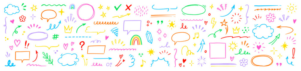 Cute line element icon set. Hand drawn heart, star, cloud brush stroke colorful cartoon style. Funny doodle sketch arrow, heart, flower marker decoration for kid art design. Vector illustration © Polina Tomtosova