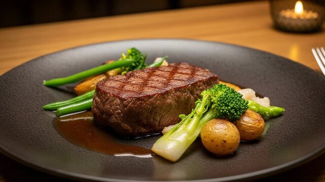 Gourmet grilled filet mignon steak served with fresh vegetables like broccoli and green beans on a dark plate. A delicious fine dining meal in a restaurant.