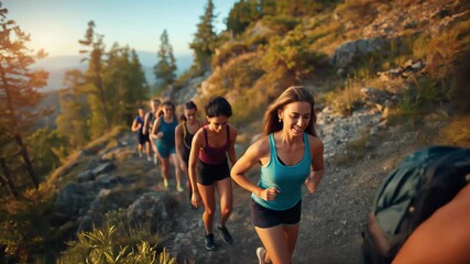 Group of active sporty women running uphill during training or retreat in nature