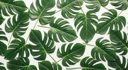 Lush pattern of monstera leaves arranged against a clean white backdrop