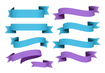 Collection of blue and purple ribbons isolated on transparent background