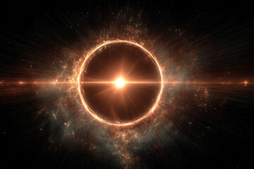 Fototapeta premium Radiant glowing light source surrounded by fiery ring with cosmic dust and starry space creating stunning celestial visual effect