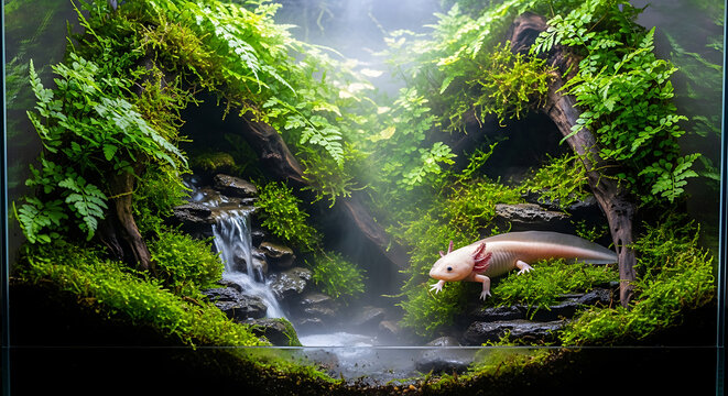 Adorable axolotl resting amidst lush greenery and a miniature waterfall in a stunning terrarium habitat.