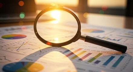 Magnifying Glass Over Bright Financial Charts and Graphs Analysis
