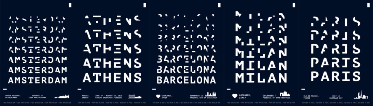 European cities typography vector posters, creative style. Lettring brochure, leaflet, flyer, presentation image templates for Amsterdam, Athens, Barcelona, Milan, Paris