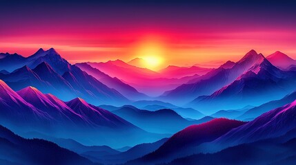 Colorful mountain range with a bright sun or light source in the sky.