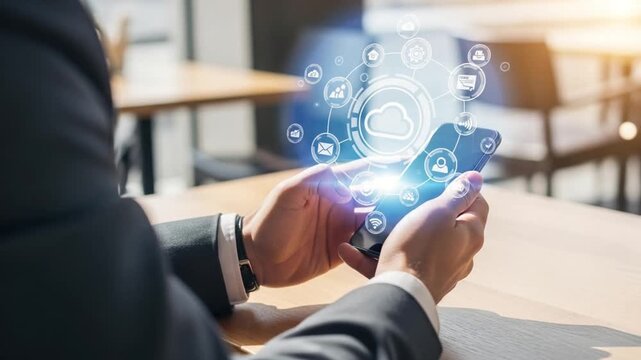 Person using a smartphone with cloud computing and networking icons overlayed on the screen image - Powered by Adobe