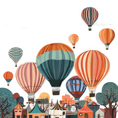 Obraz premium Soaring Dreams Over a Quaint Town: A colorful flotilla of hot air balloons drifts gracefully above a picturesque townscape, creating a scene of whimsical adventure and wanderlust. 