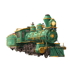 Fototapeta premium Vintage Green Train: An illustrated vintage steam train, painted with lush green and gold accents, evokes nostalgia for a bygone era of rail travel and adventure.