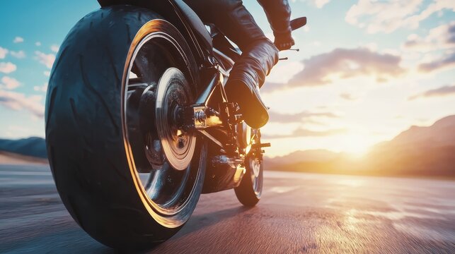 Bottom view image of man, professional motorbike rider on road, riding with high speed around mountains on sunset.
