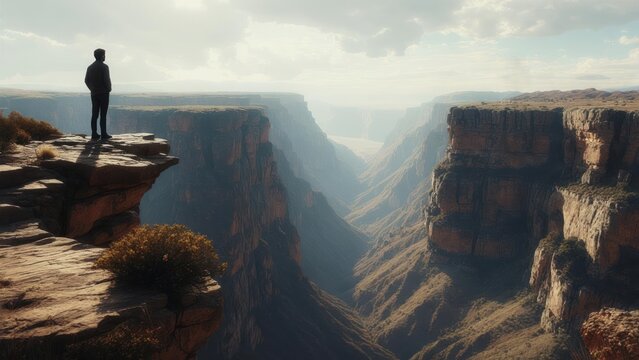 Solitude and Majesty: A Lone Man on a Rocky Outcrop Above a Hazy Canyon - Powered by Adobe