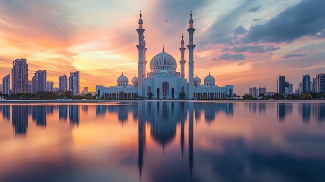 The wondrous Sharjah Mosque reflected in the pool waters on background of the cloudy sunset sky