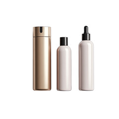Three cosmetic bottles in rose gold and white.