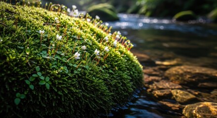 Mossy rock blooms near a stream, sun-drenched. Detailed texture, shallow depth