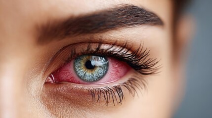 Obraz premium Woman face close up showing irritated red eye concept. Close-up of a striking blue eye with detailed eyelashes and iris.