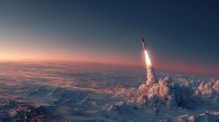 Rocket launches, ascending through atmosphere, above snowy terrain