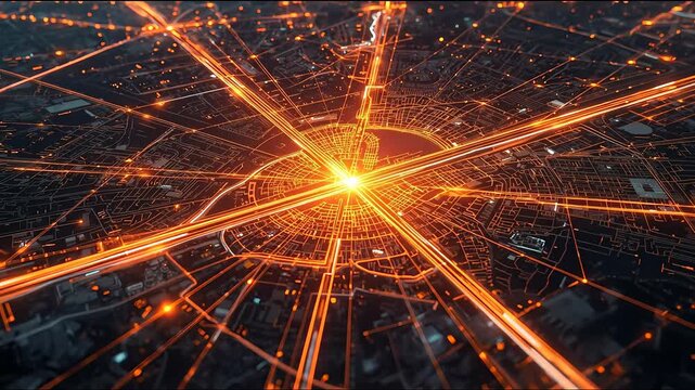 Futuristic high-tech city layout with glowing pathways and centralized power source for advanced technologies and urban innovation