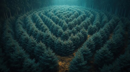 Aerial view of a circular maze made of evergreen trees in a forest.