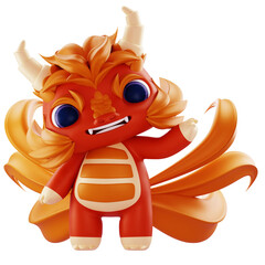 3D Render 3D dragon mascot character with large eyes, orange fur, flowing tail; ideal for branding, kids' media, and promotional web design.