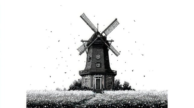 Windmill Standing in Field Vintage, black and white illustration - Powered by Adobe