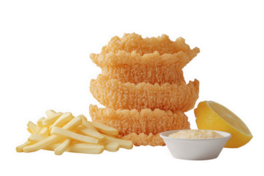 Stack of crispy fried fish and chips with lemon and dip, isolated on transparent background