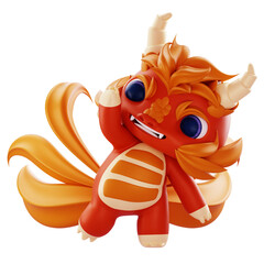 3D Render Cute orange 3D dragon character with large blue eyes; ideal for kids branding, mascots, and game assets.