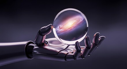 A robotic hand cradles a crystal ball showcasing a galaxy's vibrant beauty.