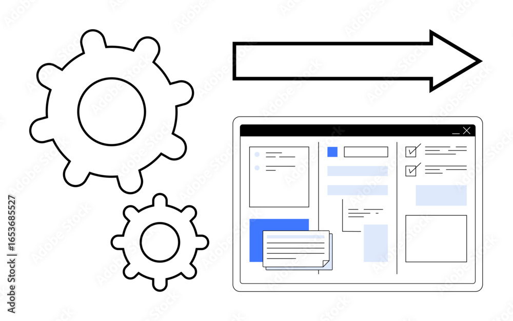 Wall mural gears, arrow, and a web interface highlight process efficiency, system flow, and task management. id