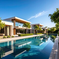 Fototapeta premium Modern, luxury homes with a long reflecting pool