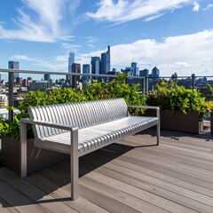 Modern metal bench on rooftop deck overlooking city skyline