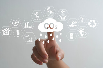Finger touching CO2 cloud with environmental icons symbolizing climate change, carbon footprint, and sustainability