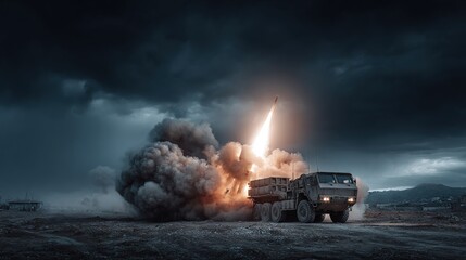 Missile launching from mobile platform under stormy skies.