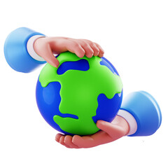 3D Render 3D illustration of a globe cradled by blue-sleeved hands, suitable for environmental, global awareness, and sustainability campaigns.