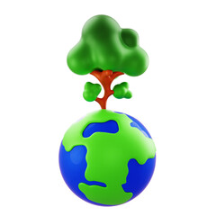 3D Render Icon depicting Earth with a tree, symbolizing environmental sustainability for green campaigns and eco-friendly branding.