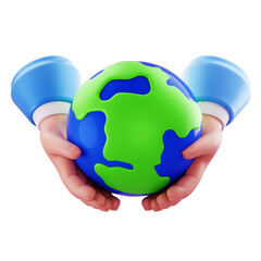 3D Render Earth cupped by hands with blue bulbs, symbolizing sustainable energy and environmental stewardship for campaigns and web design.