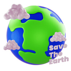 3D Render Cartoon globe with green continents, blue oceans, and clouds; ideal for environmental campaigns, eco websites, and educational promotions.