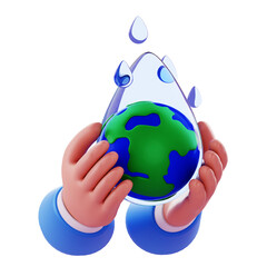 3D Render 3D illustration of blue-sleeved hands cradling Earth with water droplets, environmental protection theme.