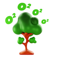 3D Render Cartoon 3D oxygen tree with O2 symbols; ideal for eco campaigns, sustainability branding, tech and environmental websites.