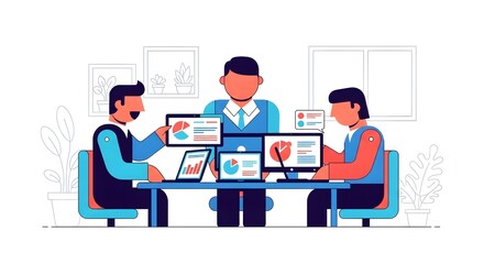 Dynamic team collaborates on data analysis and strategy presentation, showcasing growth and success in a modern workspace setting.